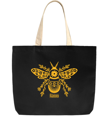 black back with beige handles and gold stylized bee