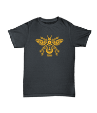 Load image into Gallery viewer, dark gray short sleeved crew neck t-shirt with gold stylized bee