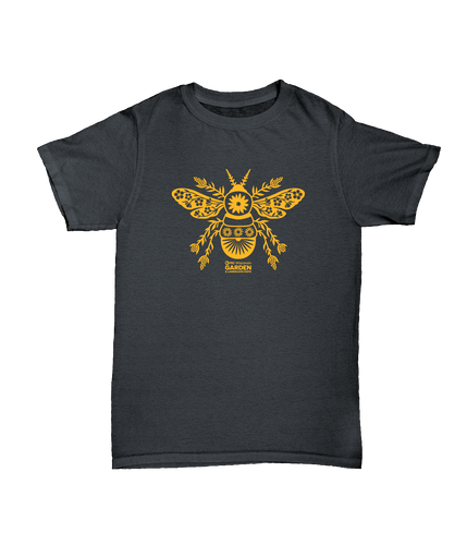dark gray short sleeved crew neck t-shirt with gold stylized bee