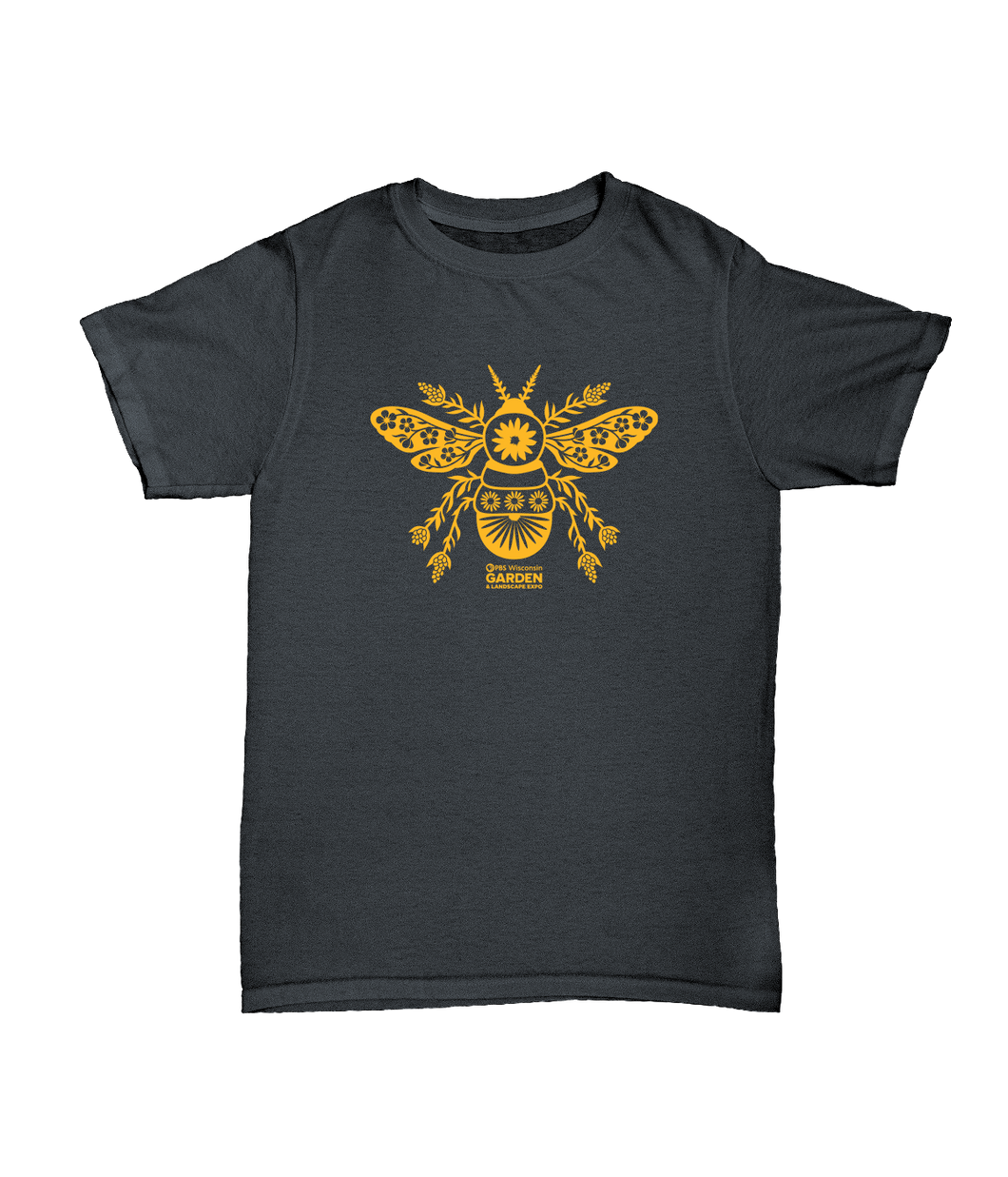 dark gray short sleeved crew neck t-shirt with gold stylized bee