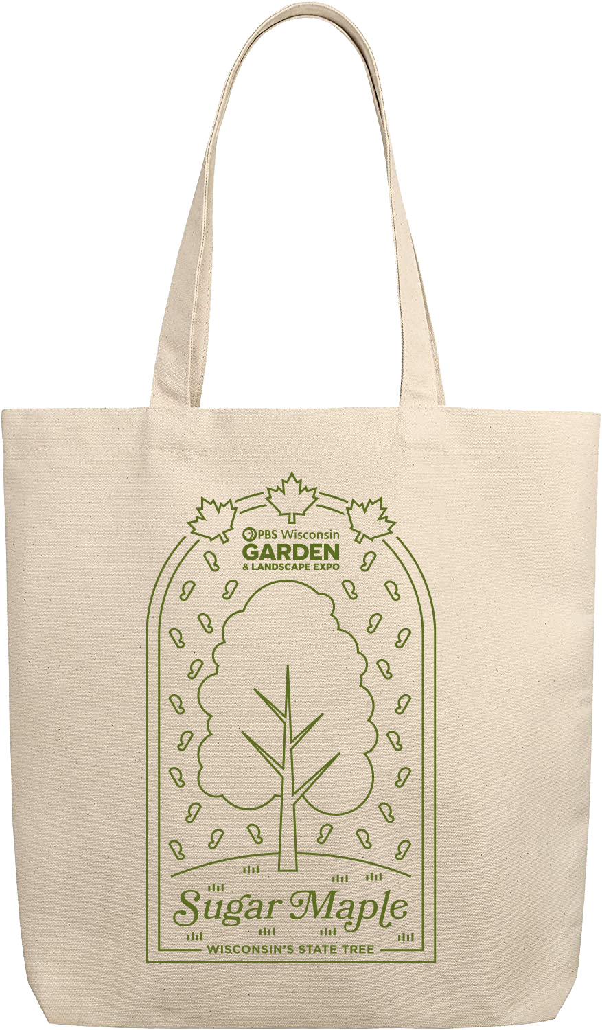 biege bag with green printed depiction of sugar maple tree 